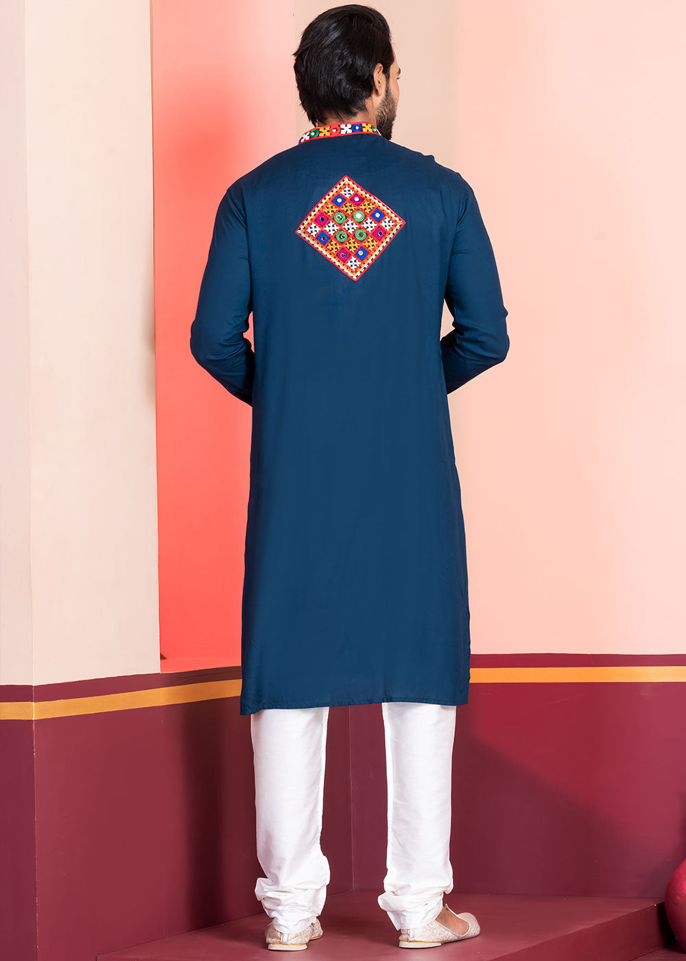 Midnight Blue Rayon Kurta Pajama with Mirrorwork &amp; Threaded Neckline