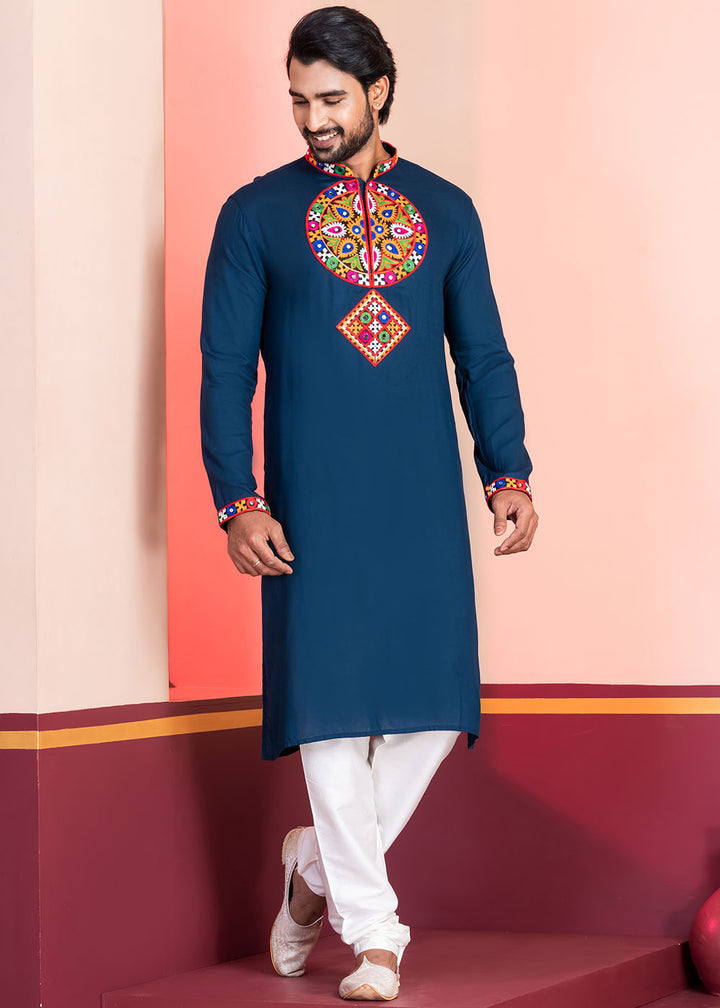 Midnight Blue Rayon Kurta Pajama with Mirrorwork &amp; Threaded Neckline