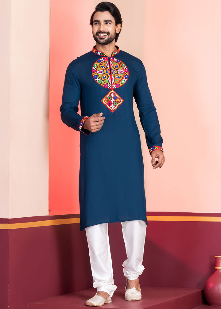 Midnight Blue Rayon Kurta Pajama with Mirrorwork &amp; Threaded Neckline