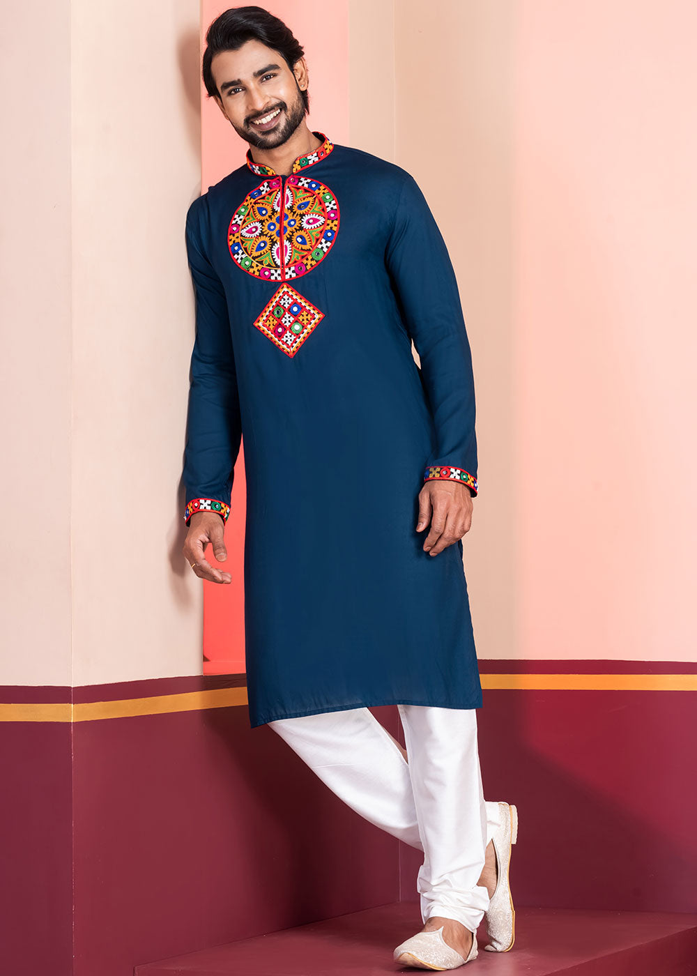 Midnight Blue Rayon Kurta Pajama with Mirrorwork &amp; Threaded Neckline