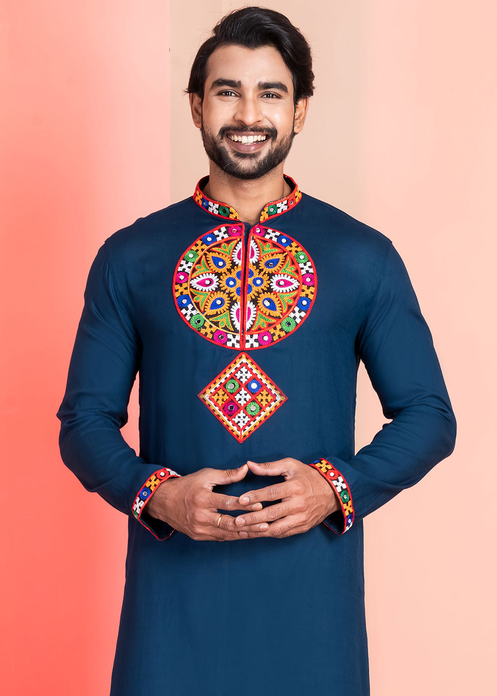 Midnight Blue Rayon Kurta Pajama with Mirrorwork &amp; Threaded Neckline
