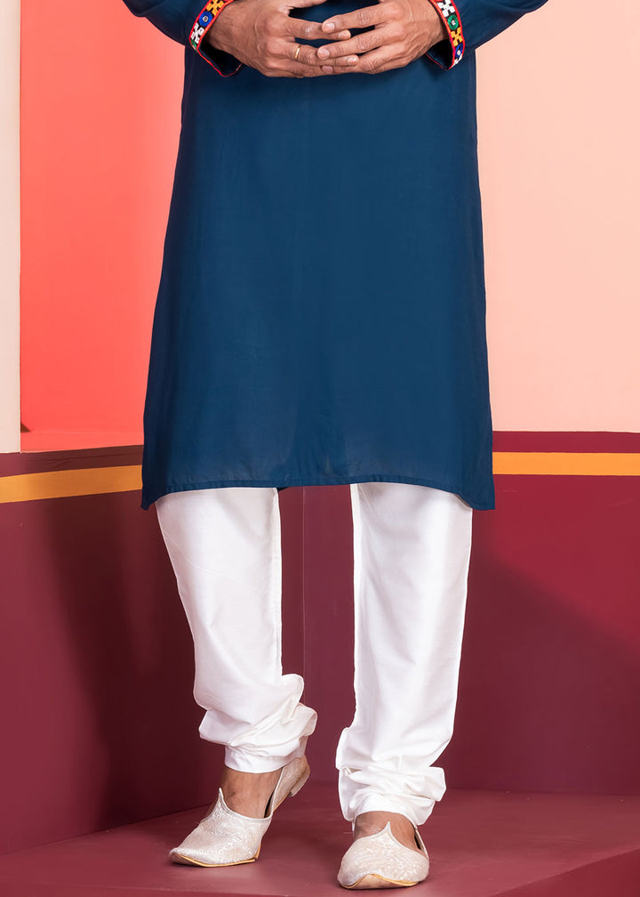 Midnight Blue Rayon Kurta Pajama with Mirrorwork &amp; Threaded Neckline