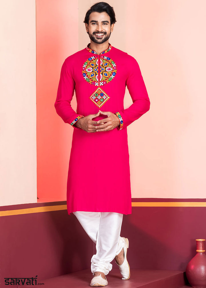 Neon Pink Rayon Kurta Pajama with Mirrorwork &amp; Threaded Neckline