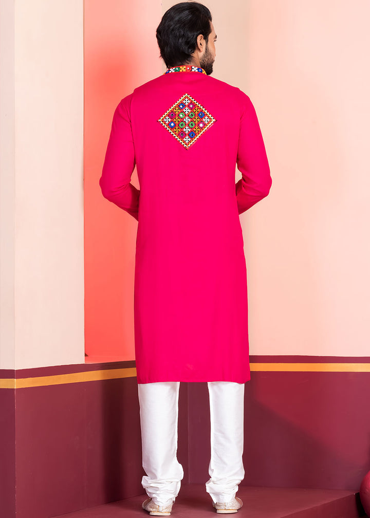 Neon Pink Rayon Kurta Pajama with Mirrorwork &amp; Threaded Neckline