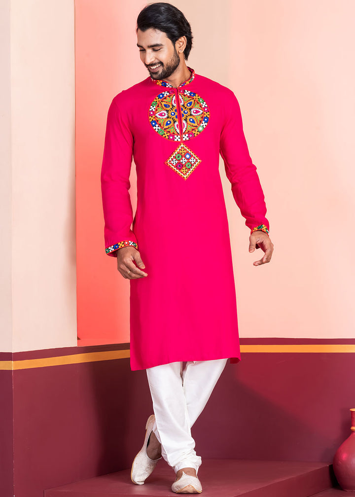 Neon Pink Rayon Kurta Pajama with Mirrorwork &amp; Threaded Neckline