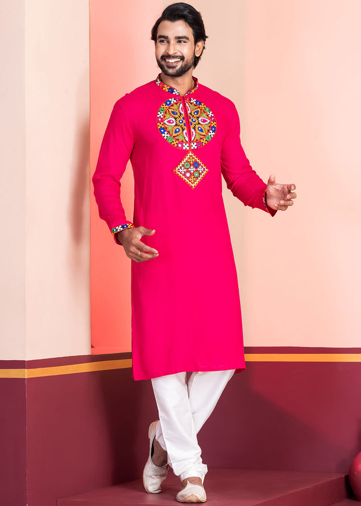 Neon Pink Rayon Kurta Pajama with Mirrorwork &amp; Threaded Neckline