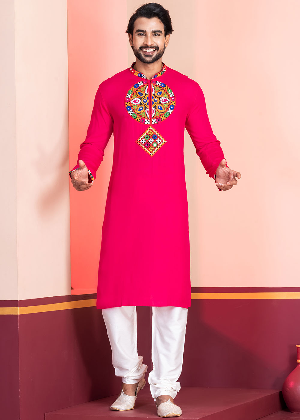 Neon Pink Rayon Kurta Pajama with Mirrorwork &amp; Threaded Neckline