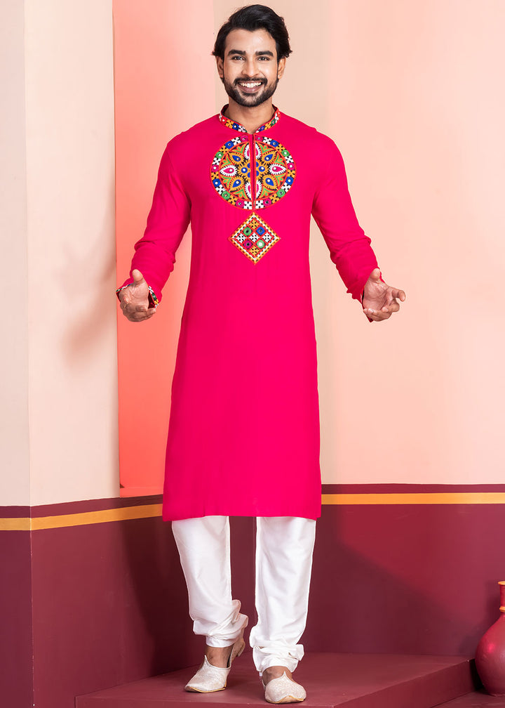 Neon Pink Rayon Kurta Pajama with Mirrorwork &amp; Threaded Neckline