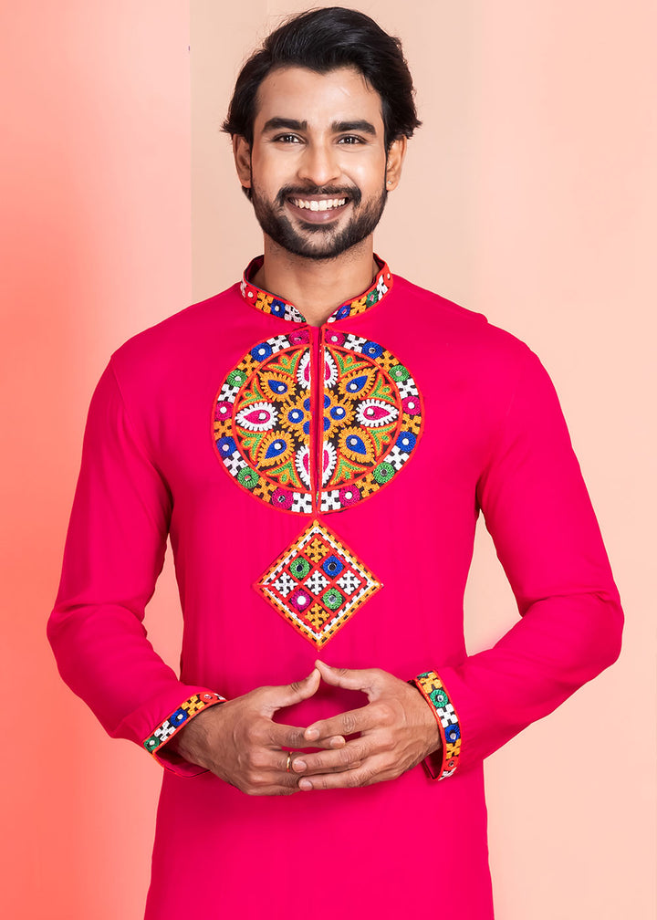 Neon Pink Rayon Kurta Pajama with Mirrorwork &amp; Threaded Neckline