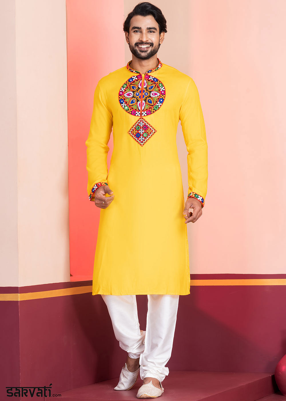 Golden Yellow Rayon Kurta Pajama with Mirrorwork &amp; Threaded Neckline