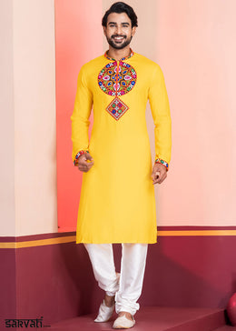 Golden Yellow Rayon Kurta Pajama with Mirrorwork & Threaded Neckline