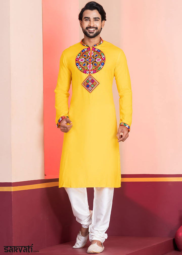 Golden Yellow Rayon Kurta Pajama with Mirrorwork &amp; Threaded Neckline