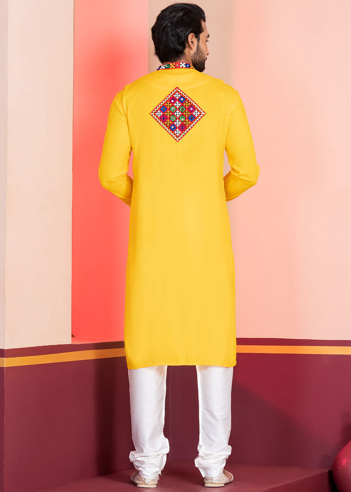 Golden Yellow Rayon Kurta Pajama with Mirrorwork &amp; Threaded Neckline