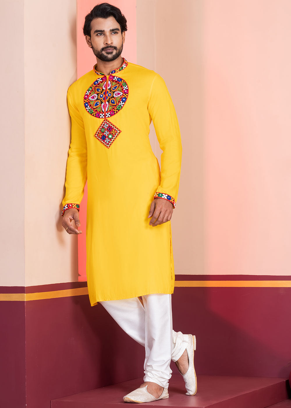 Golden Yellow Rayon Kurta Pajama with Mirrorwork &amp; Threaded Neckline