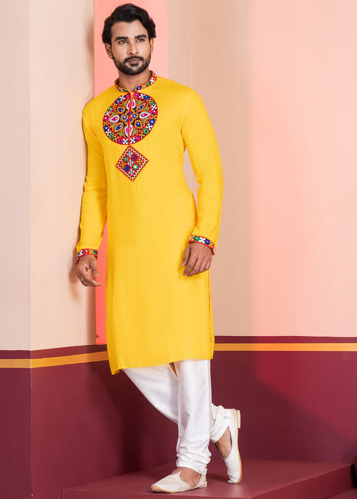 Golden Yellow Rayon Kurta Pajama with Mirrorwork &amp; Threaded Neckline