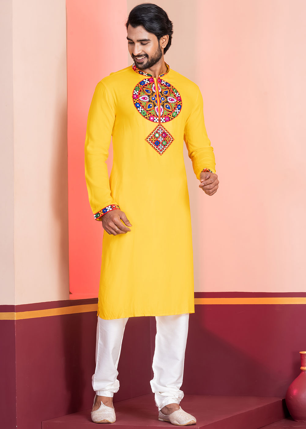 Golden Yellow Rayon Kurta Pajama with Mirrorwork &amp; Threaded Neckline