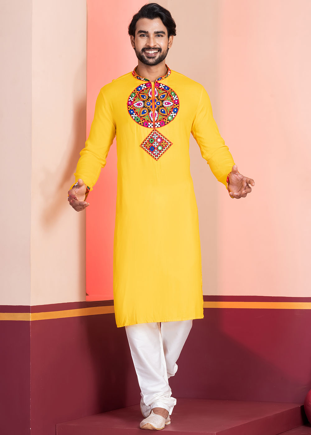Golden Yellow Rayon Kurta Pajama with Mirrorwork &amp; Threaded Neckline