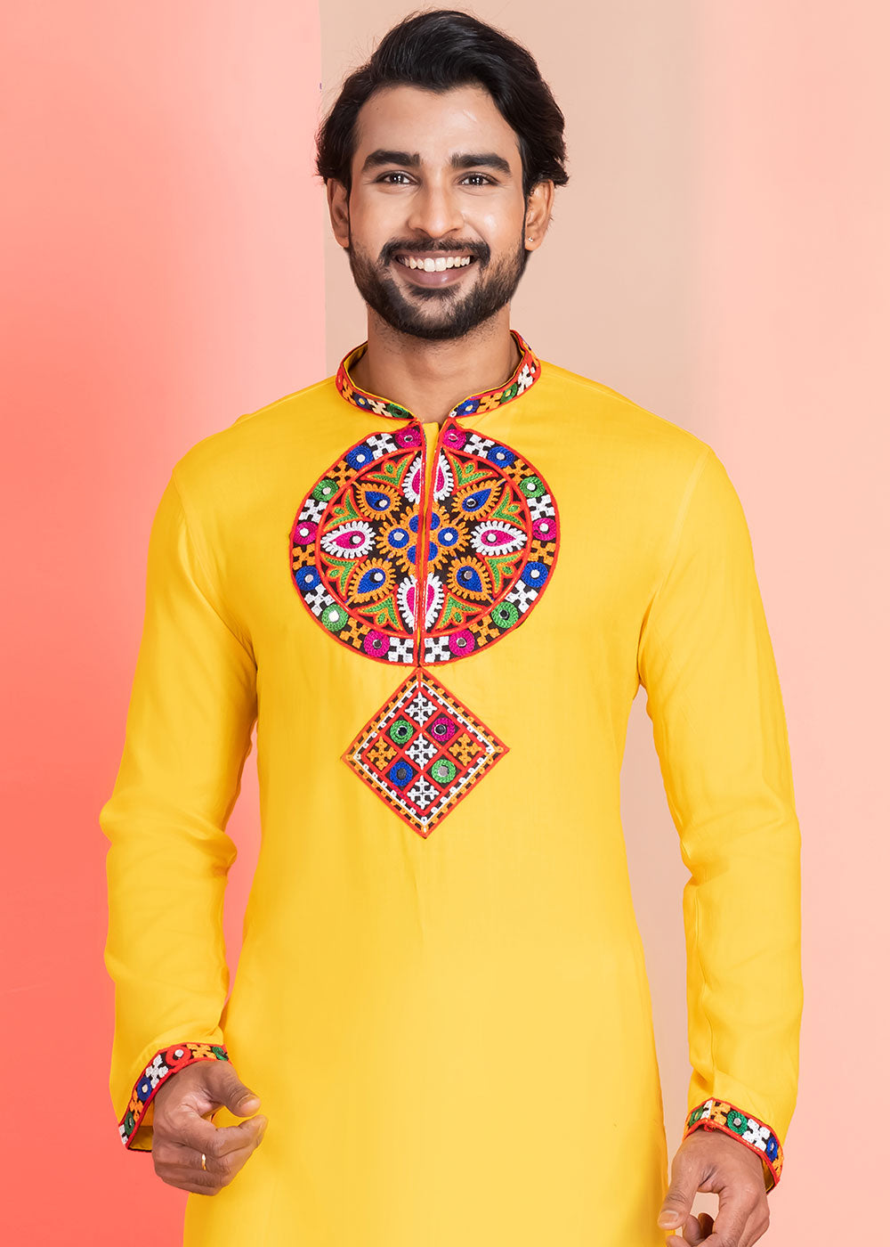 Golden Yellow Rayon Kurta Pajama with Mirrorwork &amp; Threaded Neckline