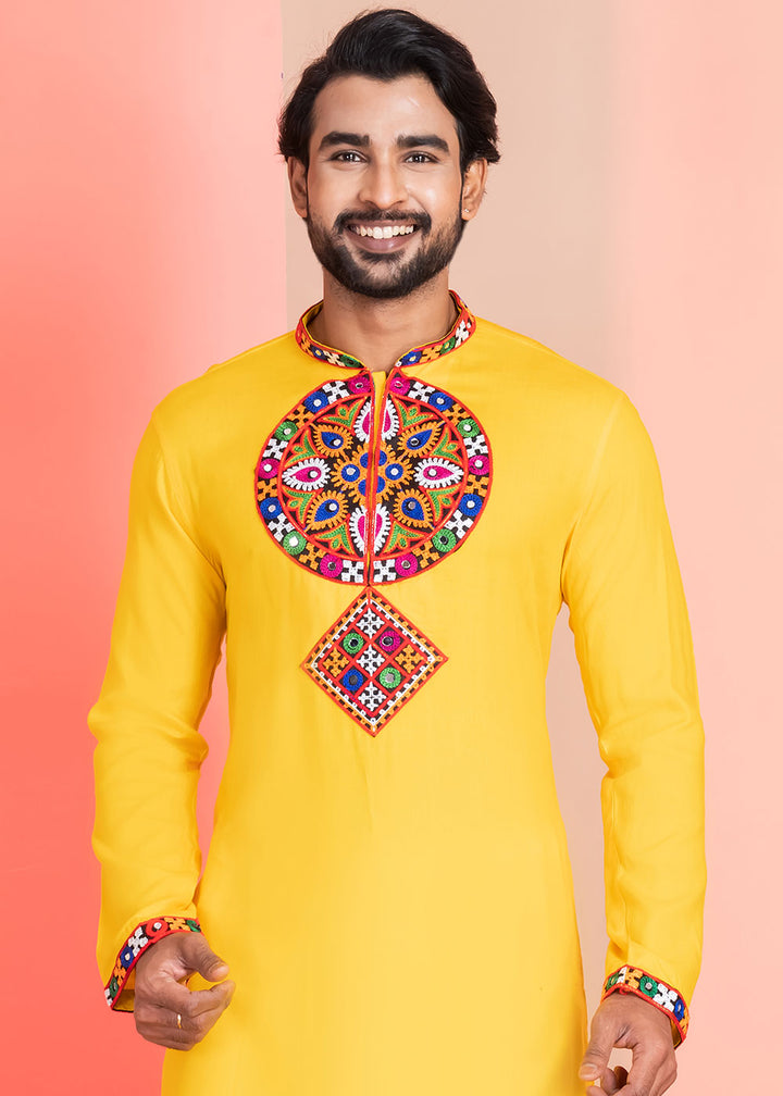Golden Yellow Rayon Kurta Pajama with Mirrorwork &amp; Threaded Neckline