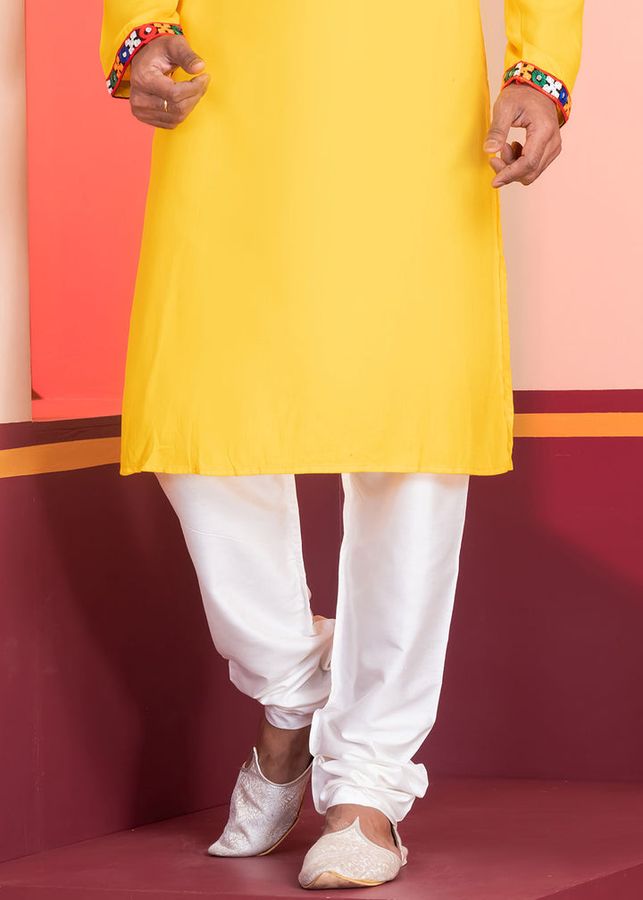 Golden Yellow Rayon Kurta Pajama with Mirrorwork &amp; Threaded Neckline