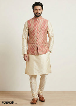 Gold Banarasi Dupion Kurta Pajama with Pink Jacquard Nehru Jacket