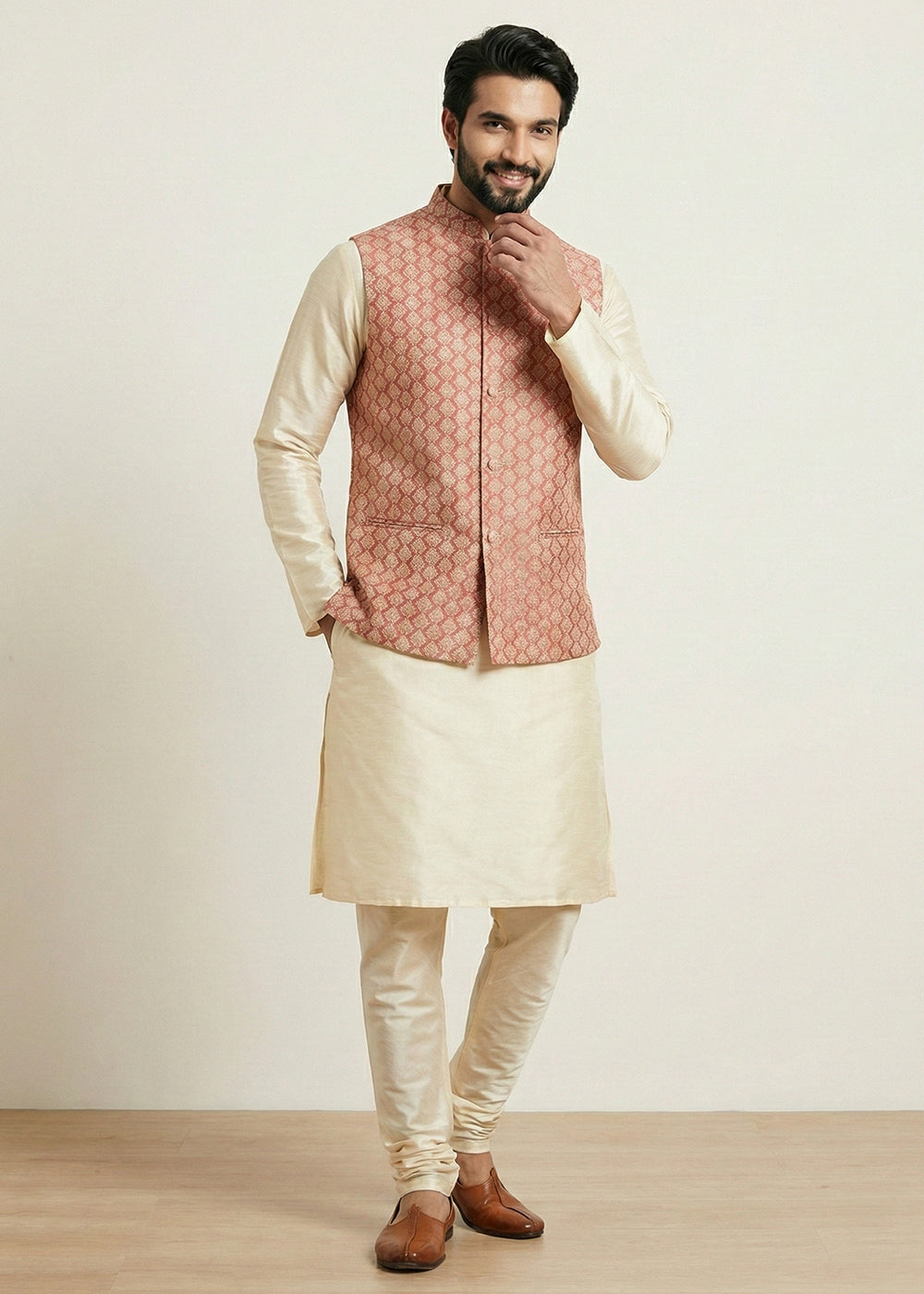 Gold Banarasi Dupion Kurta Pajama with Pink Jacquard Nehru Jacket