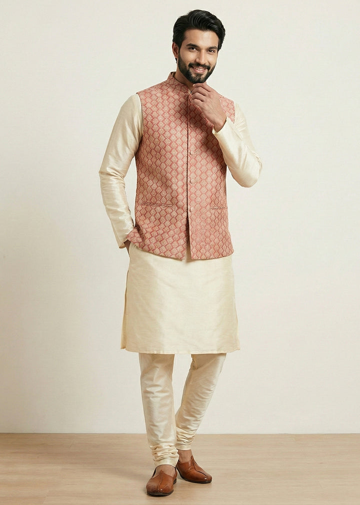 Gold Banarasi Dupion Kurta Pajama with Pink Jacquard Nehru Jacket