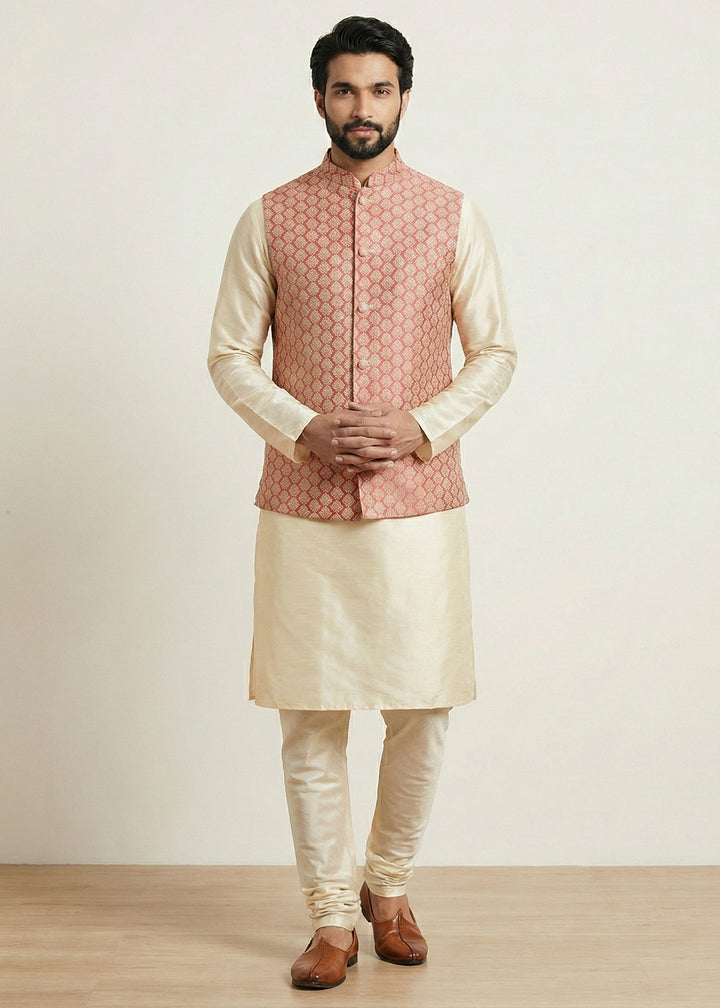 Gold Banarasi Dupion Kurta Pajama with Pink Jacquard Nehru Jacket