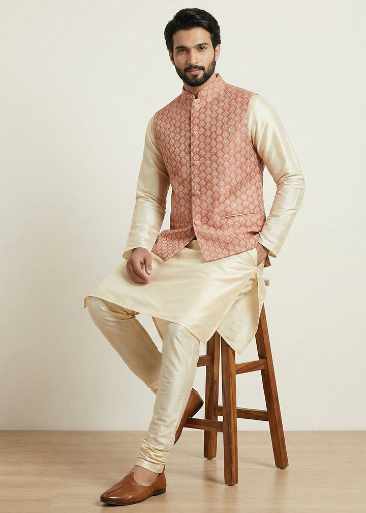 Gold Banarasi Dupion Kurta Pajama with Pink Jacquard Nehru Jacket