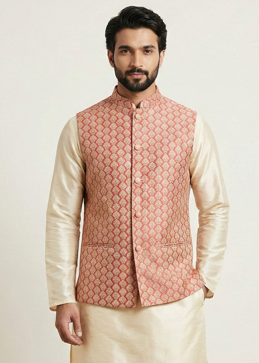 Gold Banarasi Dupion Kurta Pajama with Pink Jacquard Nehru Jacket
