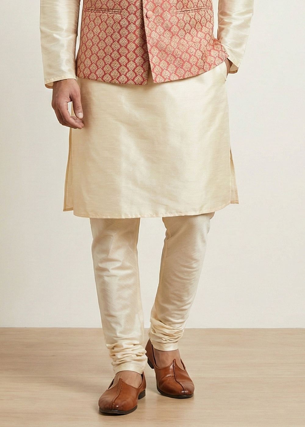 Gold Banarasi Dupion Kurta Pajama with Pink Jacquard Nehru Jacket
