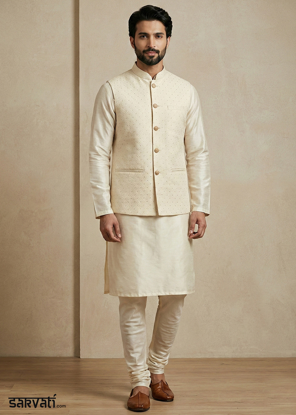 Cream Banarasi Dupion Kurta Pajama with Jacquard Nehru Jacket