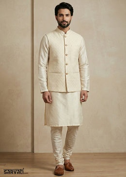 Cream Banarasi Dupion Kurta Pajama with Jacquard Nehru Jacket