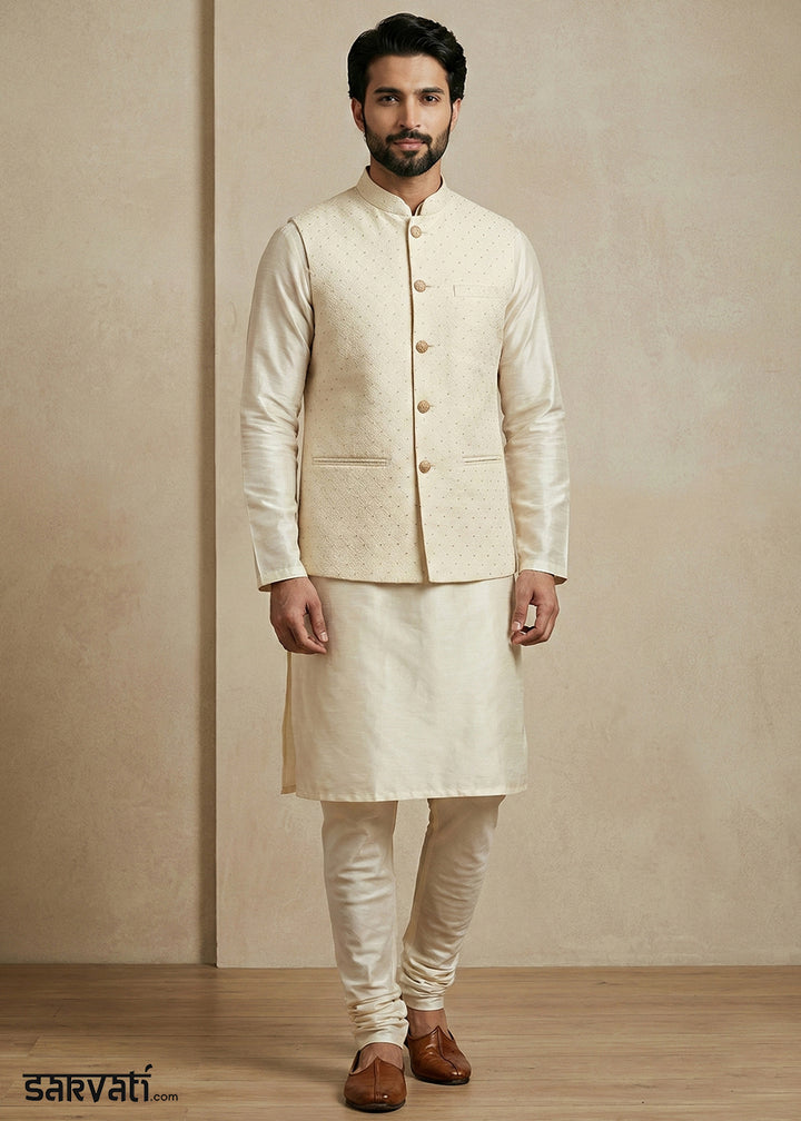 Cream Banarasi Dupion Kurta Pajama with Jacquard Nehru Jacket