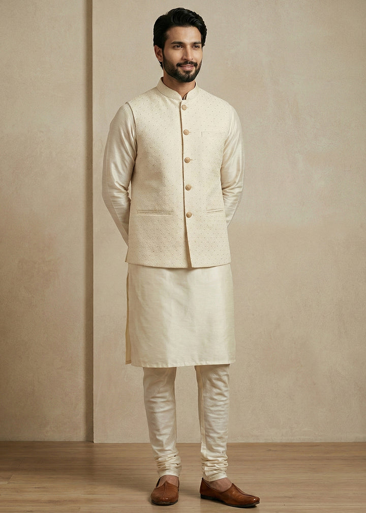 Cream Banarasi Dupion Kurta Pajama with Jacquard Nehru Jacket