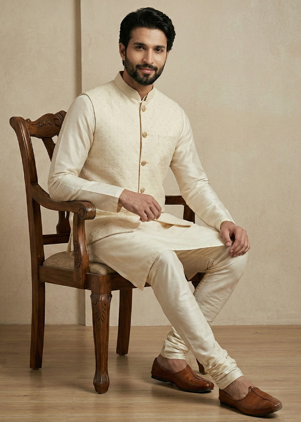 Cream Banarasi Dupion Kurta Pajama with Jacquard Nehru Jacket
