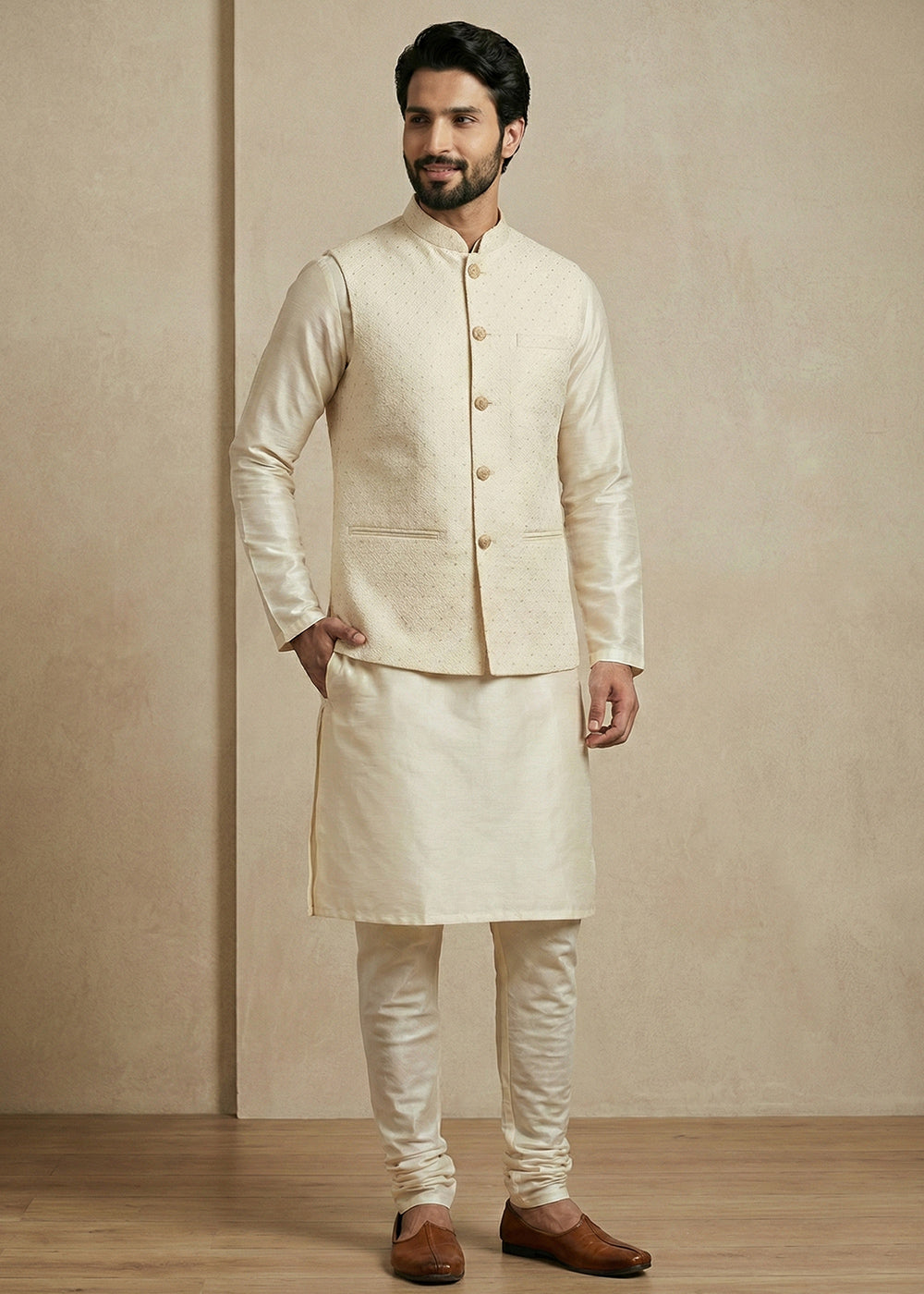 Cream Banarasi Dupion Kurta Pajama with Jacquard Nehru Jacket