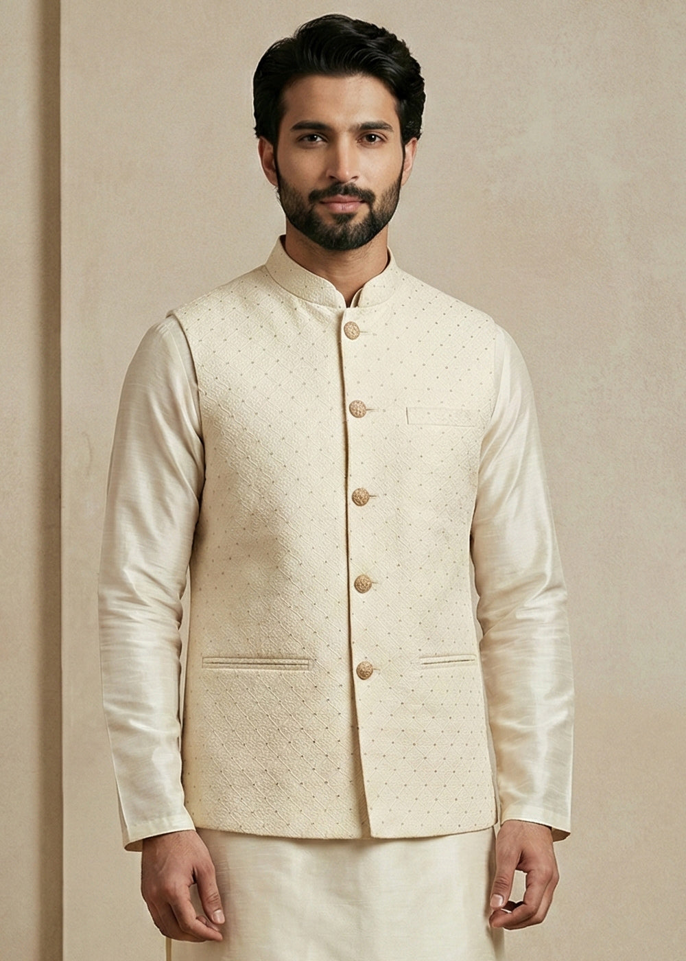 Cream Banarasi Dupion Kurta Pajama with Jacquard Nehru Jacket