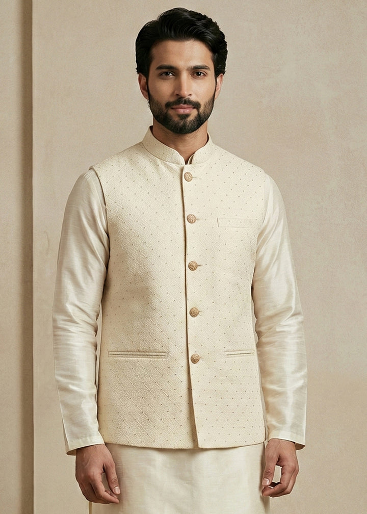 Cream Banarasi Dupion Kurta Pajama with Jacquard Nehru Jacket