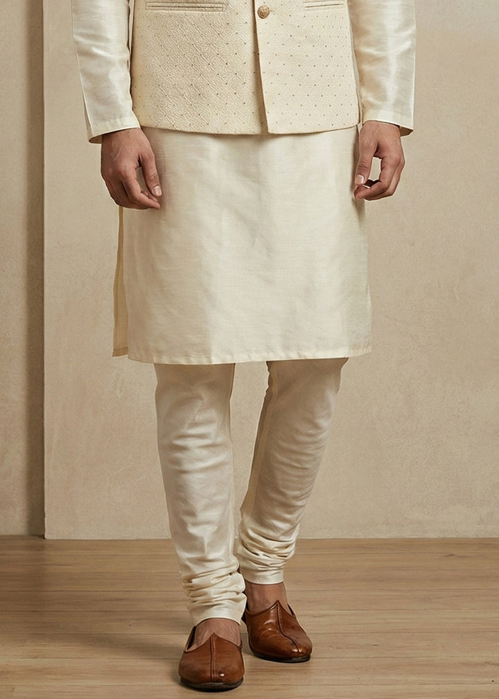 Cream Banarasi Dupion Kurta Pajama with Jacquard Nehru Jacket