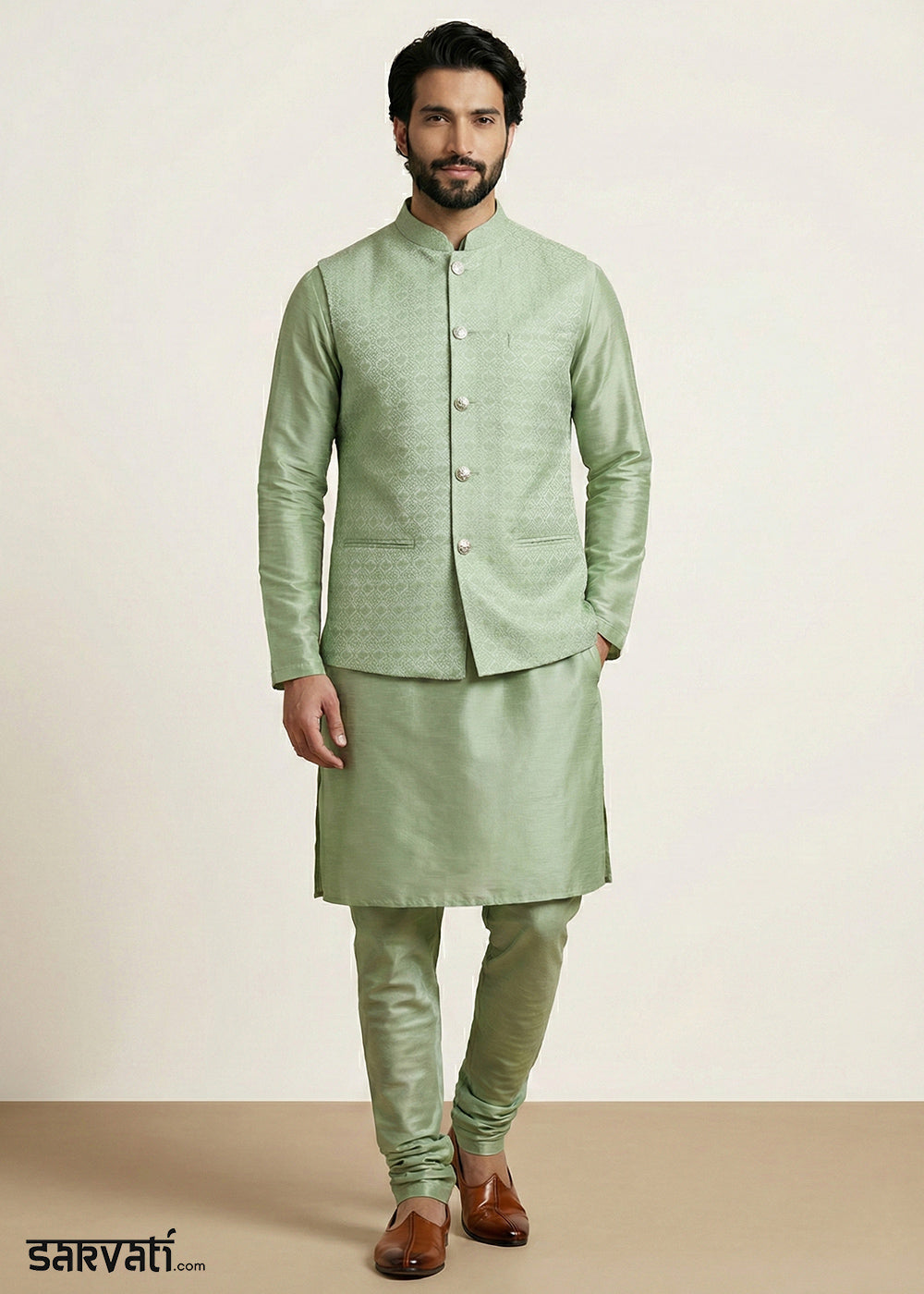 Olive Banarasi Dupion Kurta Pajama with Jacquard Nehru Jacket