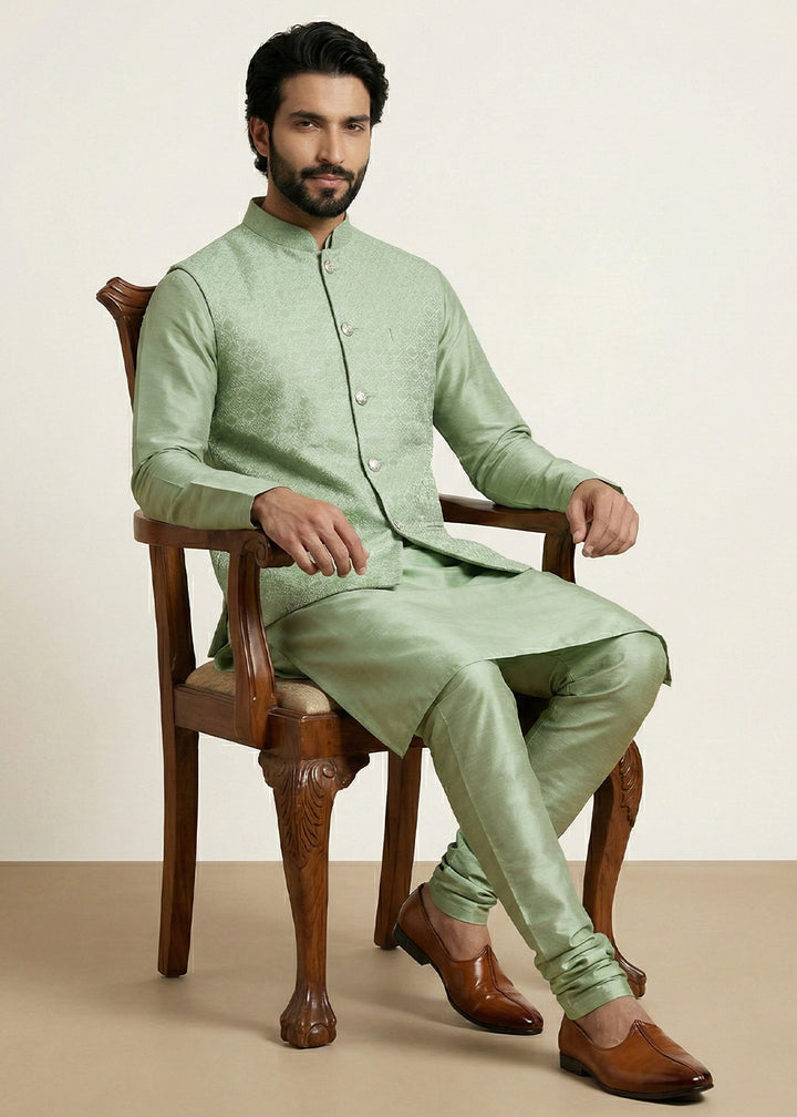 Olive Banarasi Dupion Kurta Pajama with Jacquard Nehru Jacket