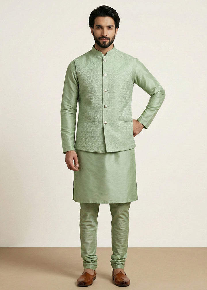 Olive Banarasi Dupion Kurta Pajama with Jacquard Nehru Jacket