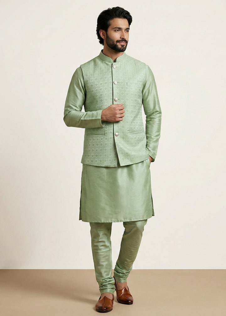 Olive Banarasi Dupion Kurta Pajama with Jacquard Nehru Jacket