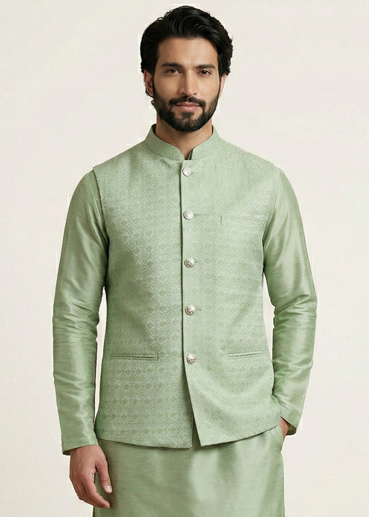 Olive Banarasi Dupion Kurta Pajama with Jacquard Nehru Jacket