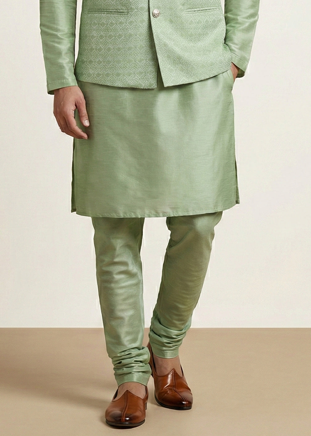 Olive Banarasi Dupion Kurta Pajama with Jacquard Nehru Jacket