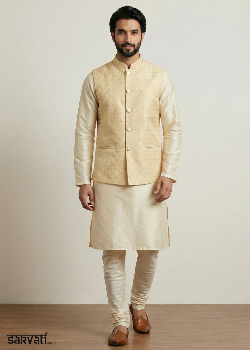 Gold Banarasi Dupion Kurta Pajama with Gold Jacquard Nehru Jacket
