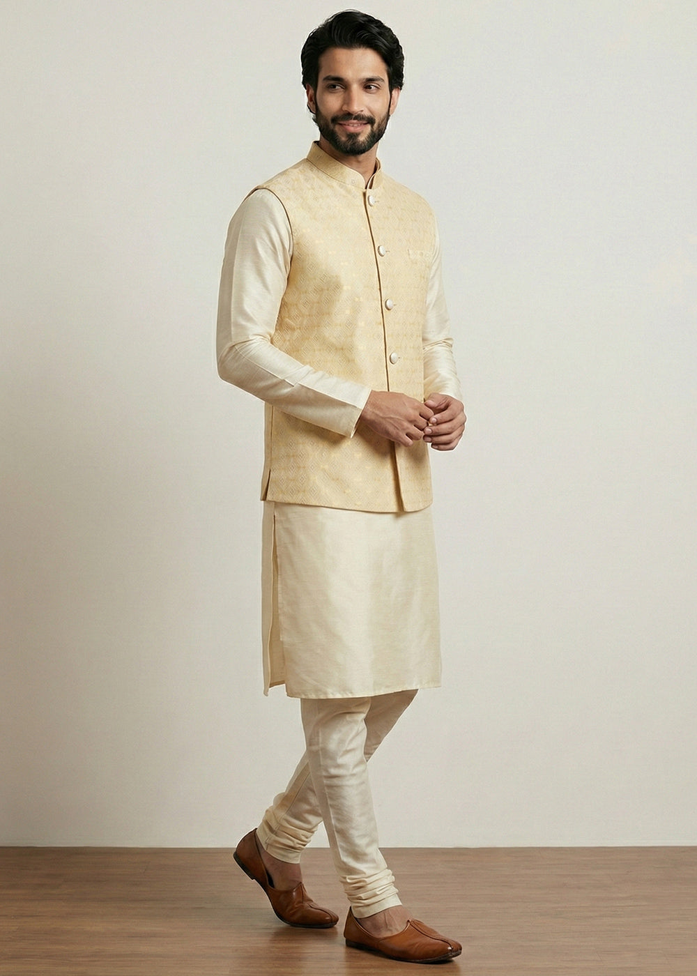 Gold Banarasi Dupion Kurta Pajama with Gold Jacquard Nehru Jacket
