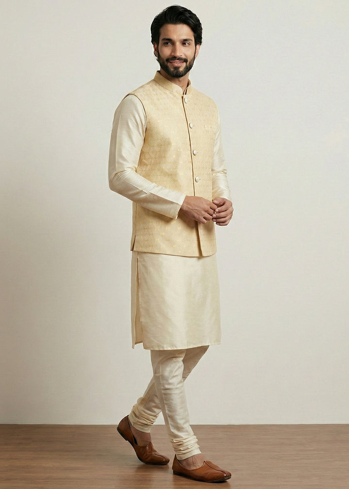 Gold Banarasi Dupion Kurta Pajama with Gold Jacquard Nehru Jacket