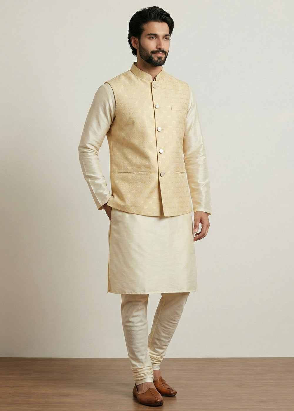 Gold Banarasi Dupion Kurta Pajama with Gold Jacquard Nehru Jacket
